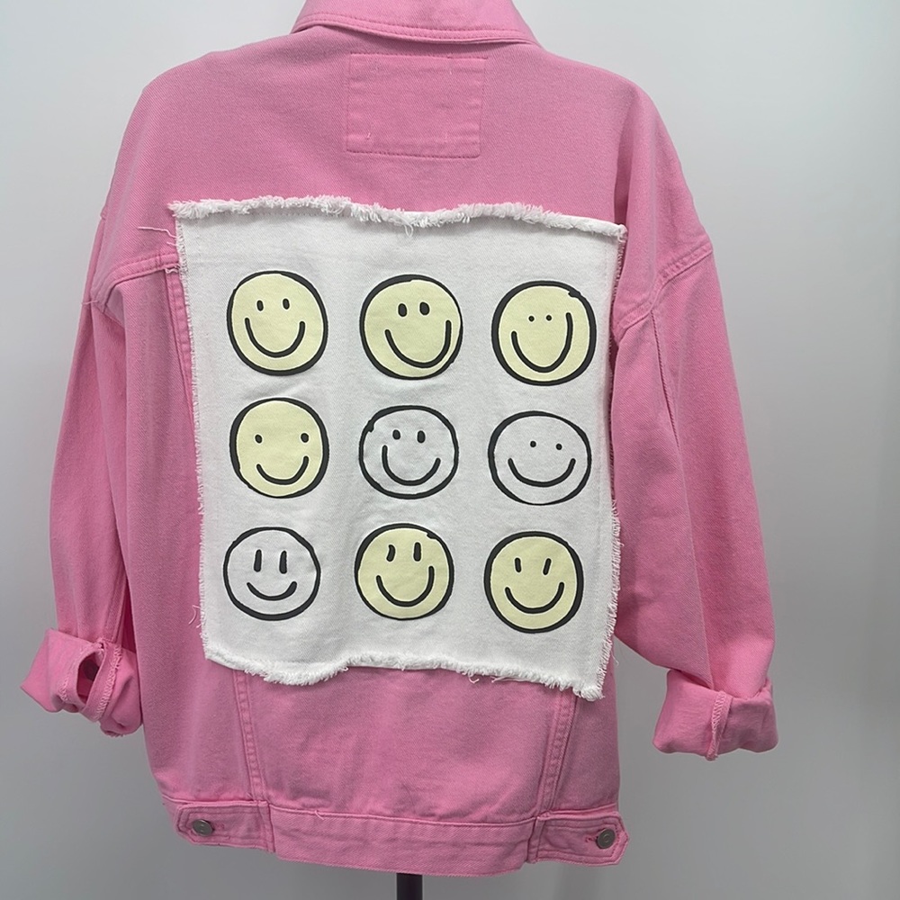 Fantastic Fawn Pink Denim Jacket with Smiles Patch.